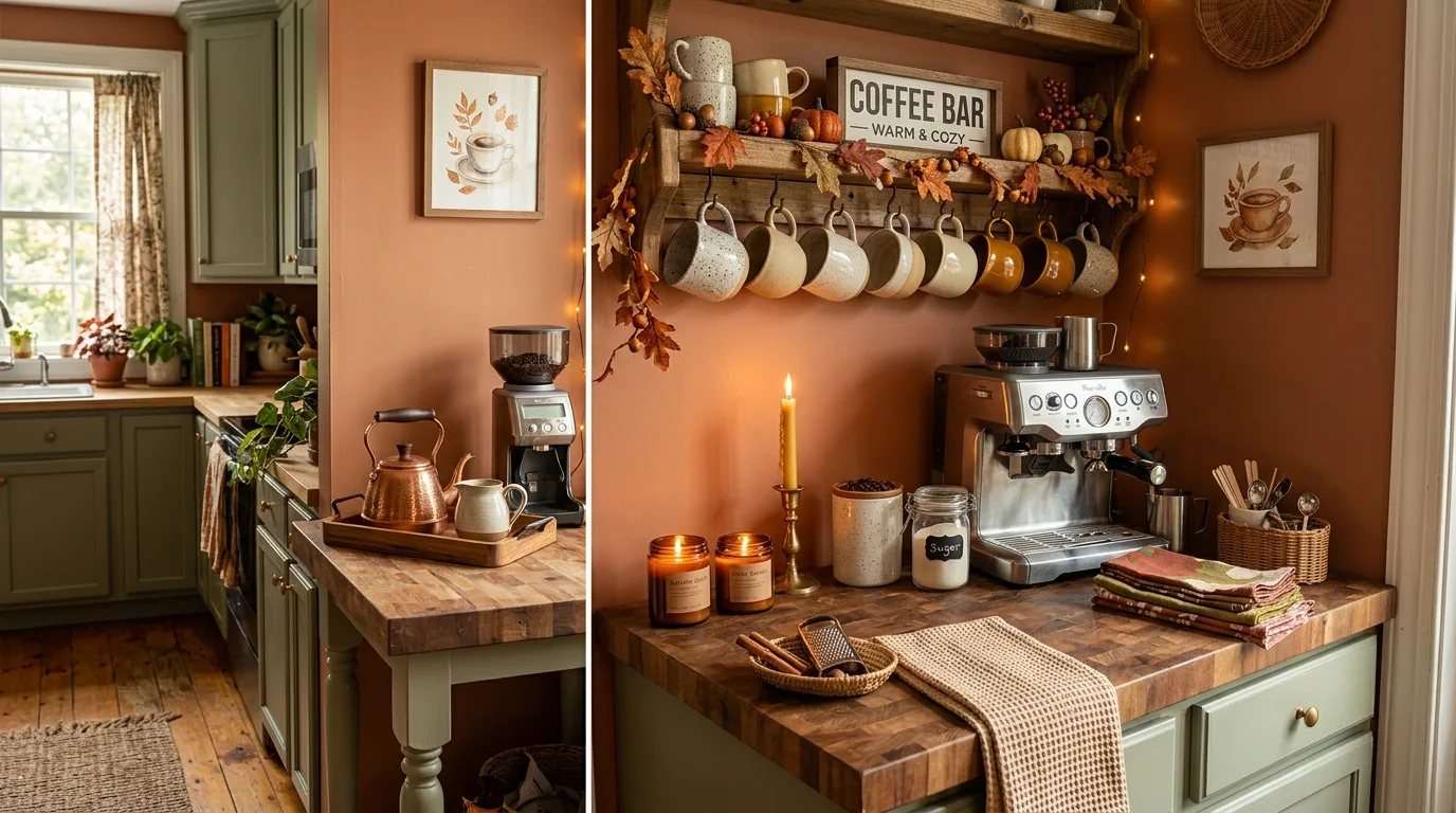 Create a cozy breakfast nook connection around the bar inspiration for a home coffee bar.